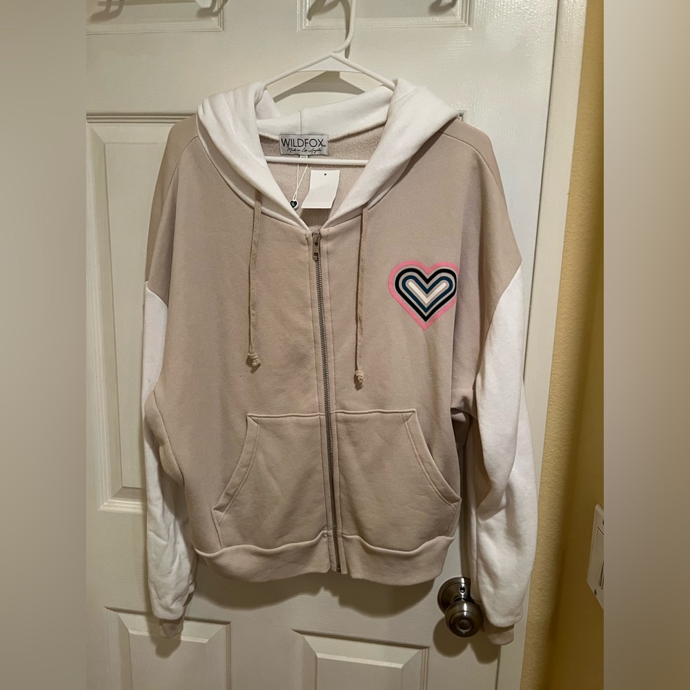 Wildfox tan and white colorblock heart graphic hoodie